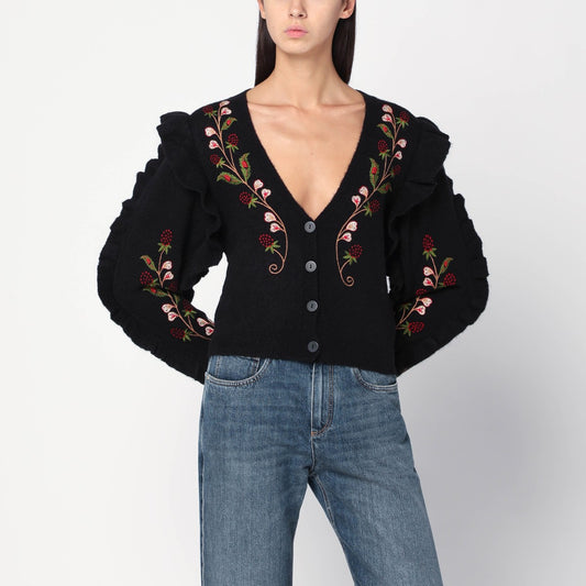 FARM Rio Black wool-blend cardigan with embroidery