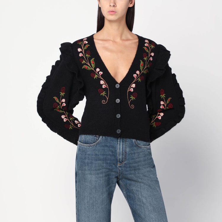 FARM Rio Black wool-blend cardigan with embroidery