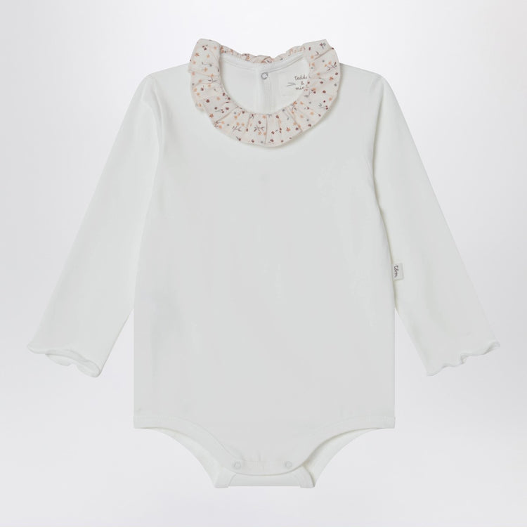 Teddy & Minou White bodysuit with neckline and floral print