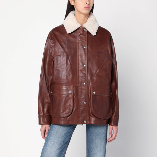 HALFBOY Brown leather jacket with shearling collar