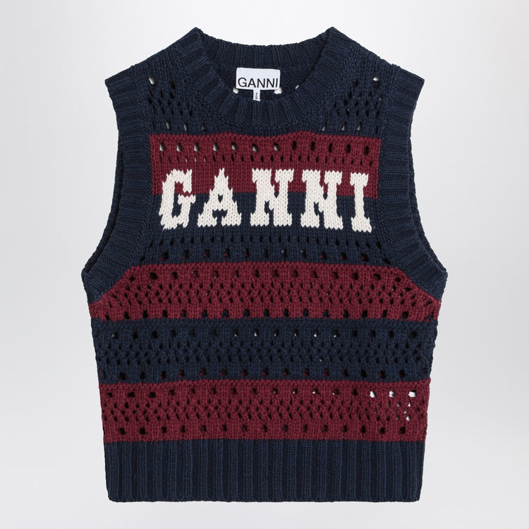GANNI Striped openwork vest with logo inlay