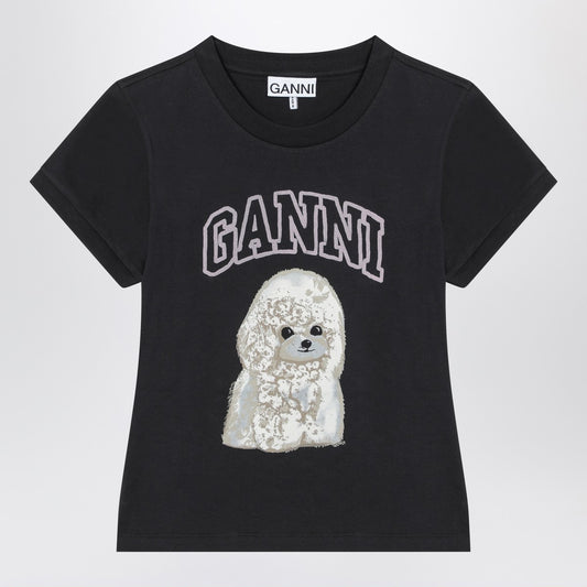 GANNI Washed black T-shirt with poodle print