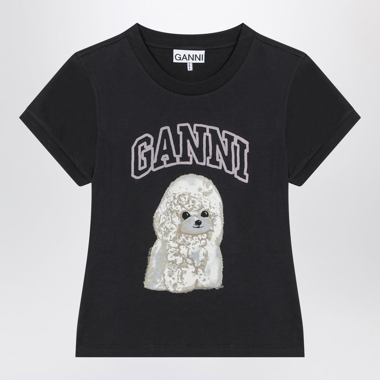 GANNI Washed black T-shirt with poodle print